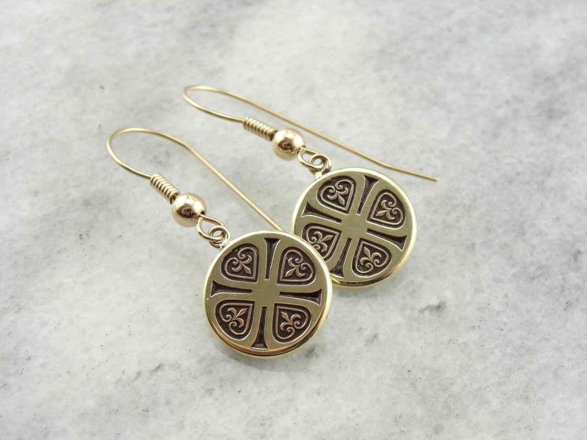 Vintage Fleur De Lis Drop Earrings in Yellow Gold