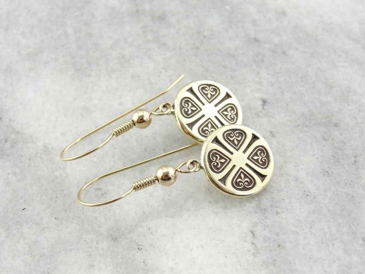 Vintage Fleur De Lis Drop Earrings in Yellow Gold
