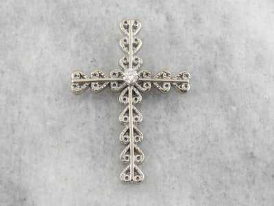 Bold, Ornate Style Diamond Cross Pendant in White Gold