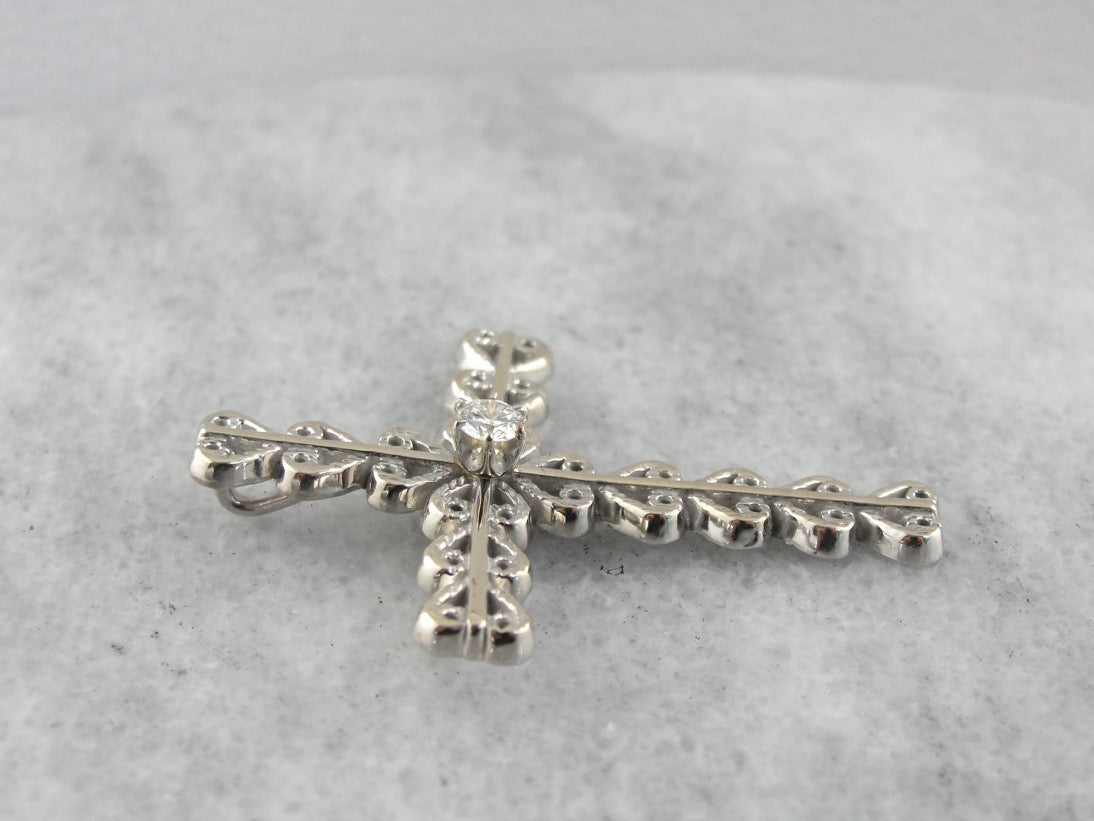 Bold, Ornate Style Diamond Cross Pendant in White Gold
