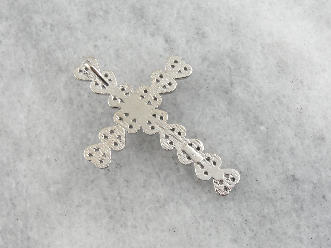 Bold, Ornate Style Diamond Cross Pendant in White Gold