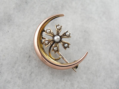 Antique Rose Gold Crescent and Seed Pearl Flower Pin