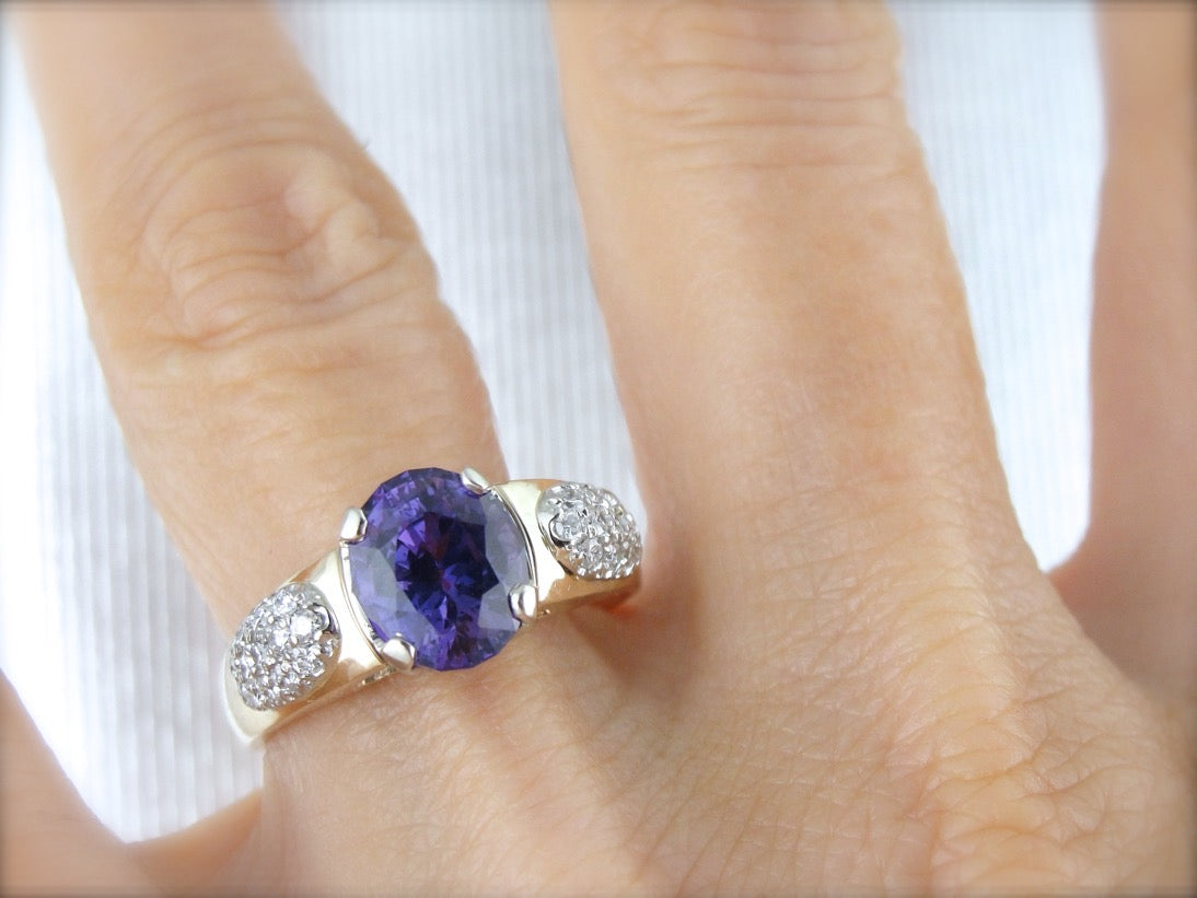 Our Finest Plum Sapphire, European Style Statement Ring with Diamond Accents