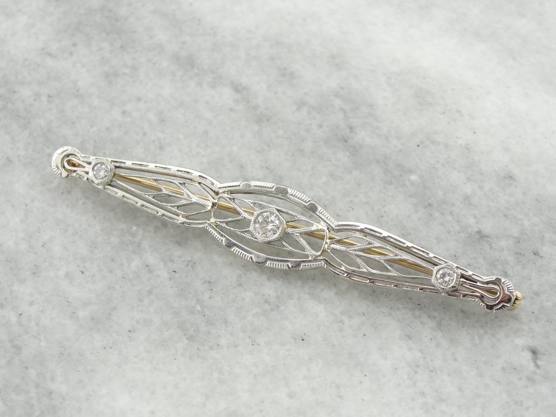 Art Deco Diamond White Gold Filigree Bar Pin