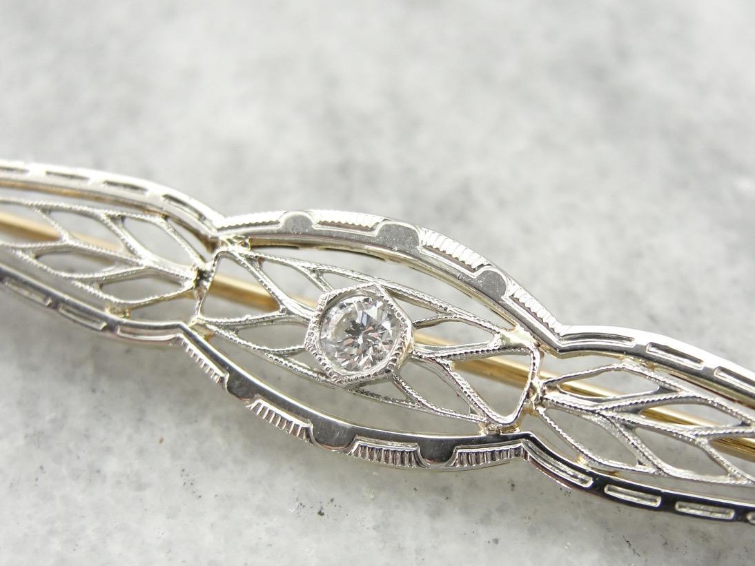 Art Deco Diamond White Gold Filigree Bar Pin