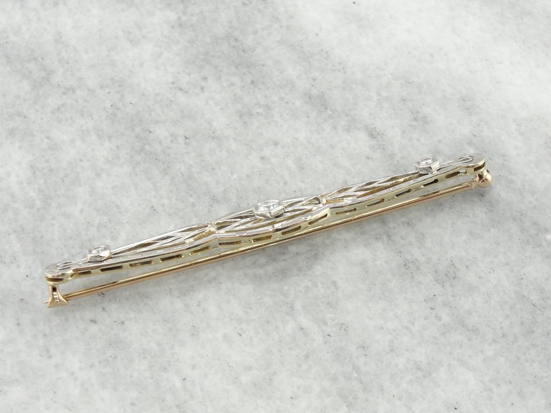 Art Deco Diamond White Gold Filigree Bar Pin