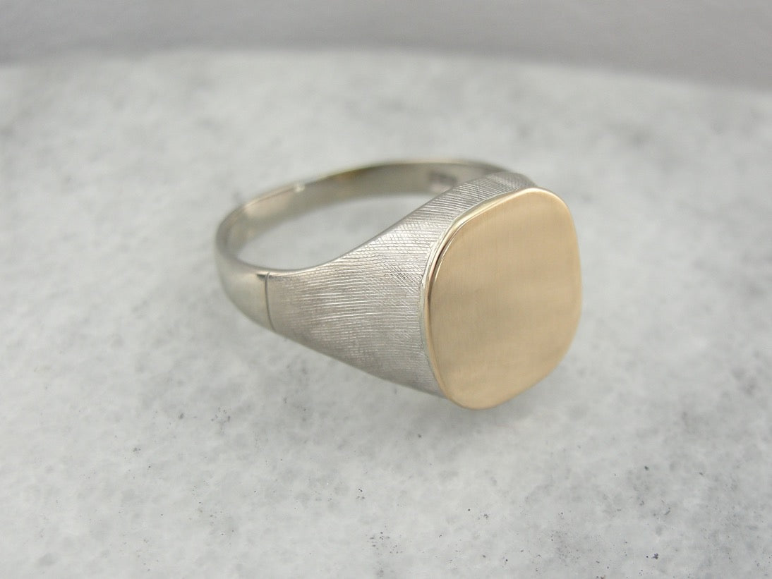 Two Tone Textured Signet Ring, White and Yellow Gold