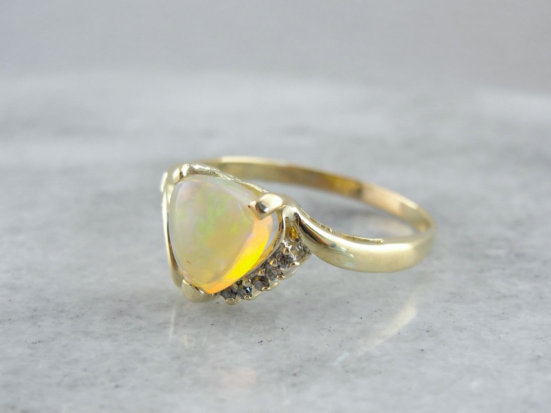 Trillion Cut, Beautiful Opal Cocktail Ring with Diamond Accents
