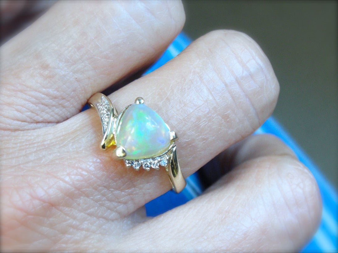 Trillion Cut, Beautiful Opal Cocktail Ring with Diamond Accents