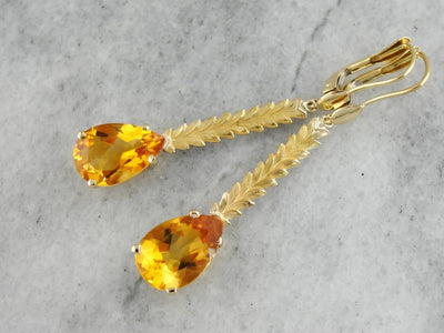 18K Gold Citrine Drop Earrings with Leafy Accents, Long Pear Cut Citrine Earrings