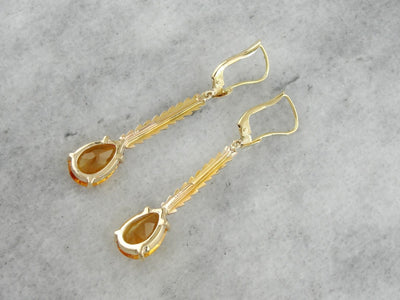 18K Gold Citrine Drop Earrings with Leafy Accents, Long Pear Cut Citrine Earrings