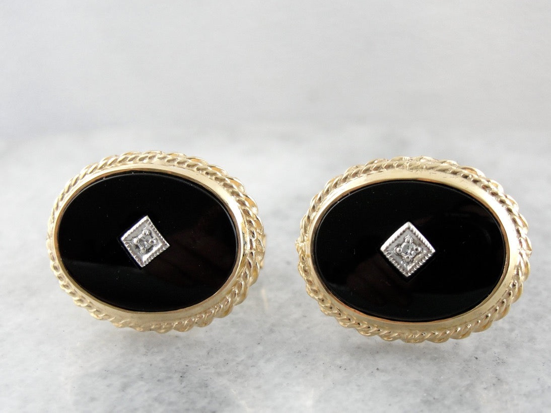 Vintage Onyx and Diamond Cufflinks with Rope Edge in Fine Gold