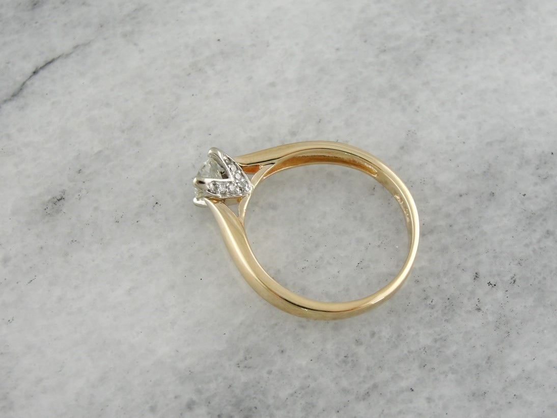 Contemporary Diamond Engagement Ring, Diamond Solitaire with Diamond Studded Prongs
