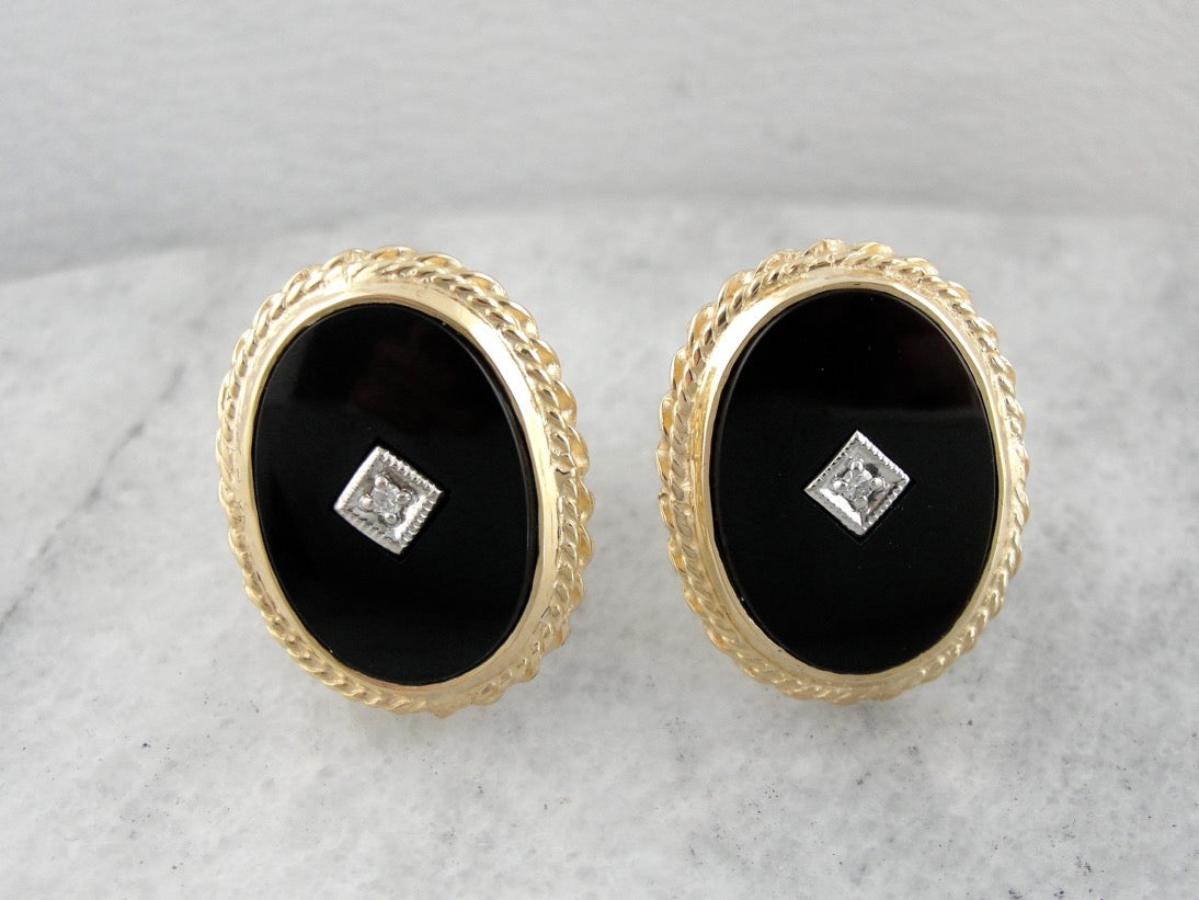 Vintage Onyx and Diamond Cufflinks with Rope Edge in Fine Gold