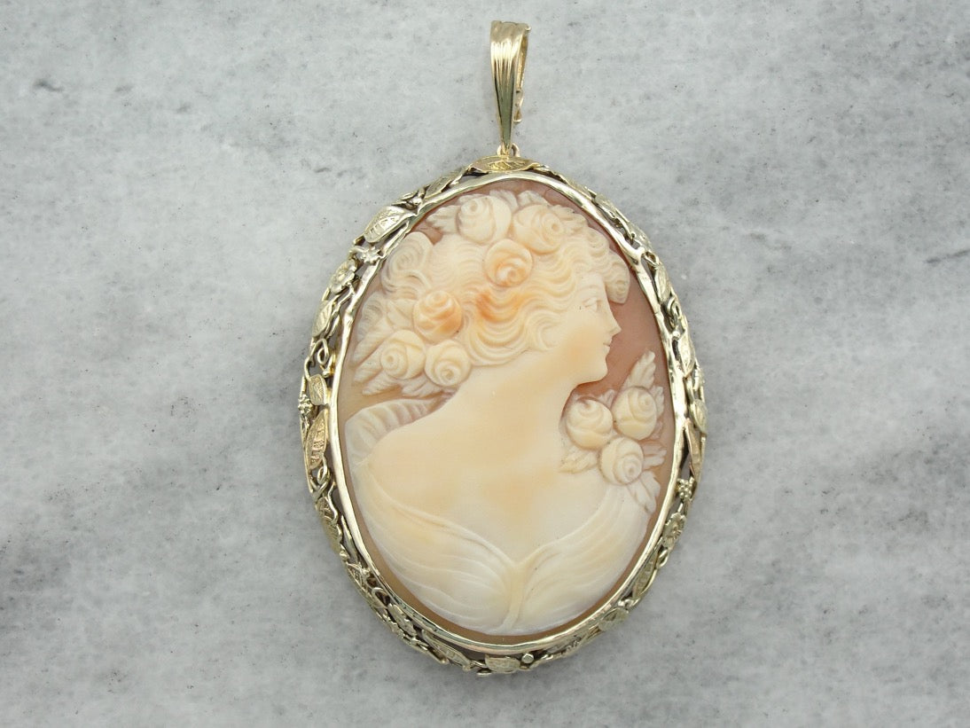 Large Art Nouveau Cameo Pendant with Floral Frame of Green Gold