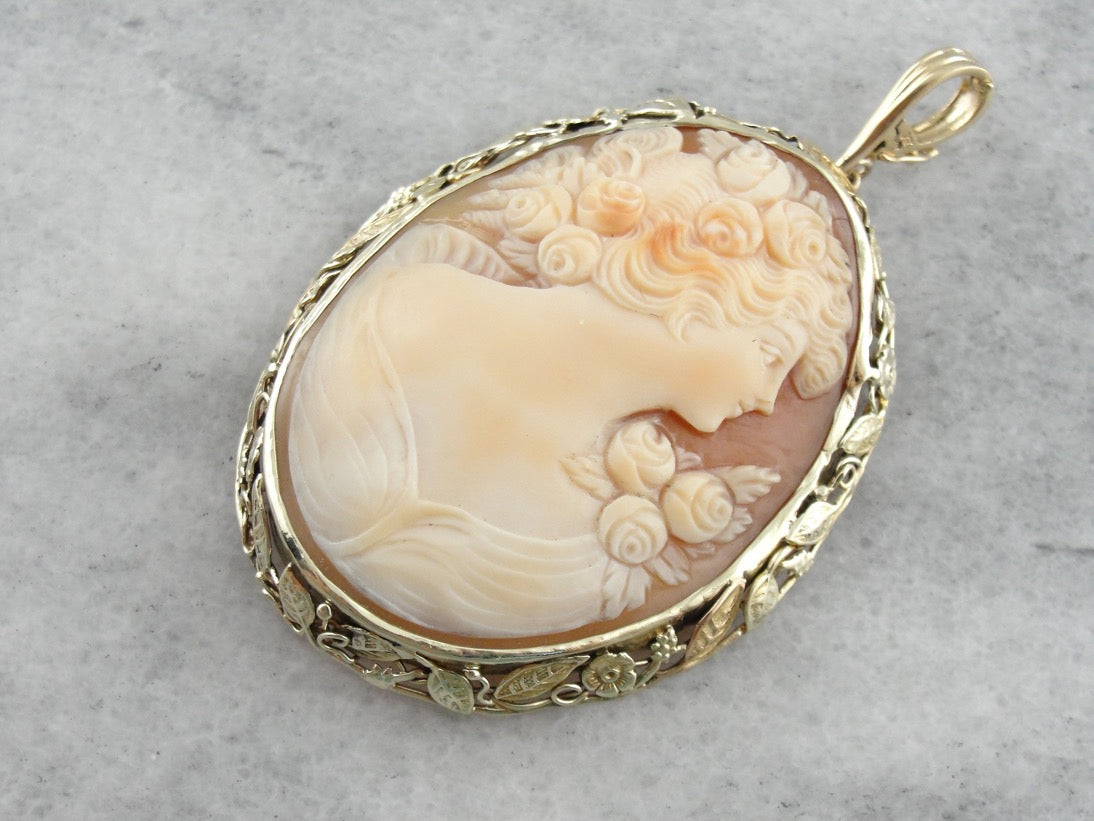 Large Art Nouveau Cameo Pendant with Floral Frame of Green Gold