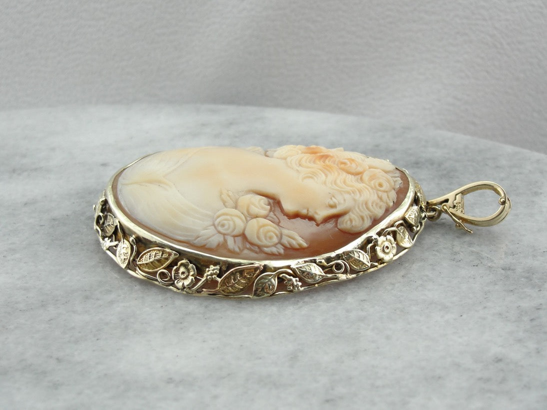 Large Art Nouveau Cameo Pendant with Floral Frame of Green Gold