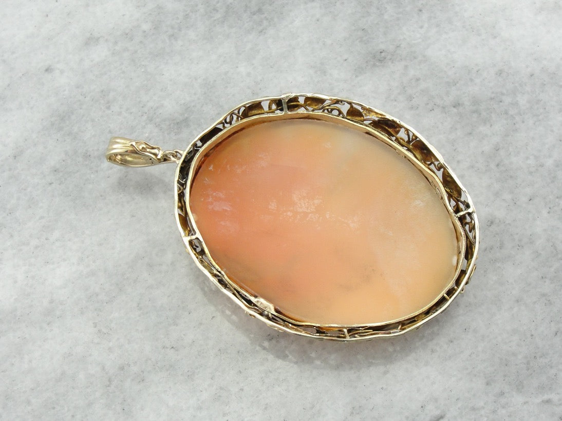 Large Art Nouveau Cameo Pendant with Floral Frame of Green Gold
