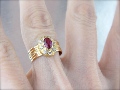 Synthetic Ruby and White Zircon Halo Ring in Yellow Gold, Made with Vintage Parts