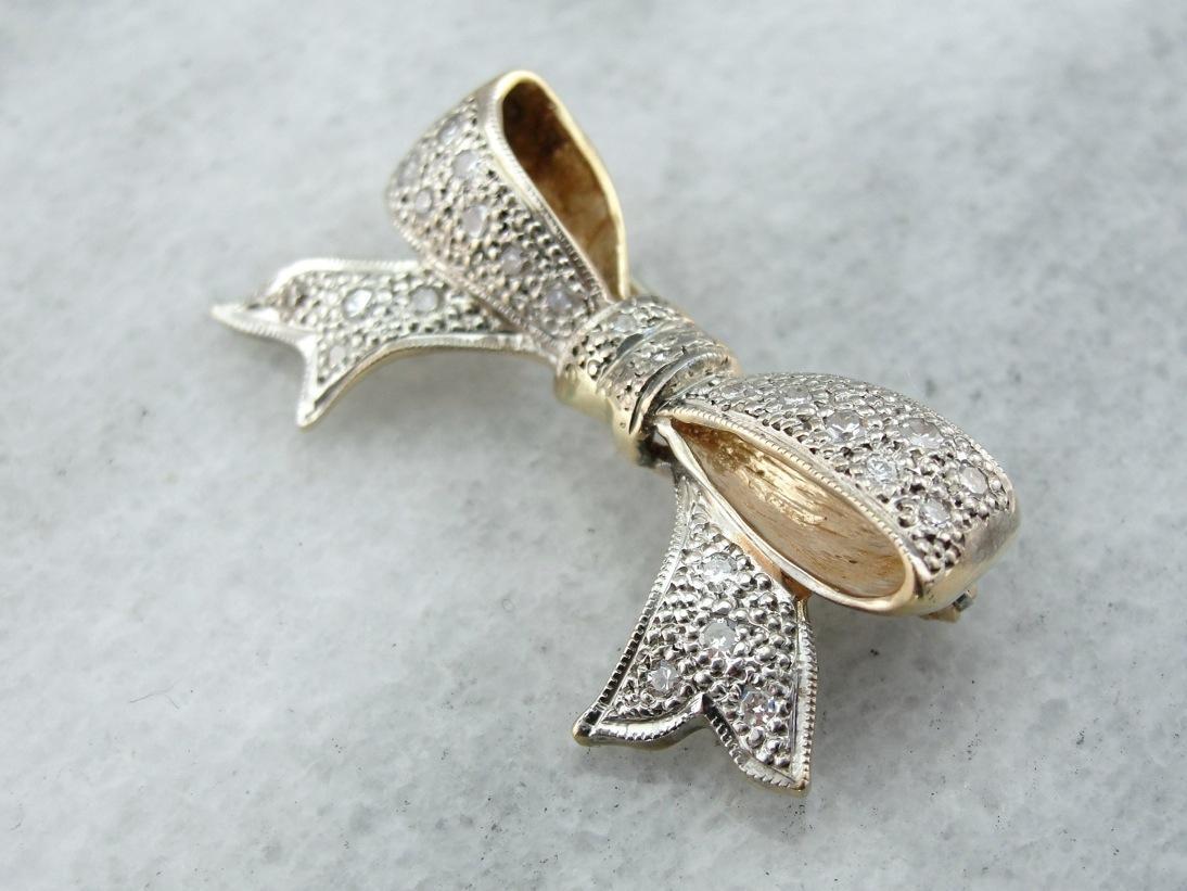 Sweet Vintage Diamond Studded Bow Brooch