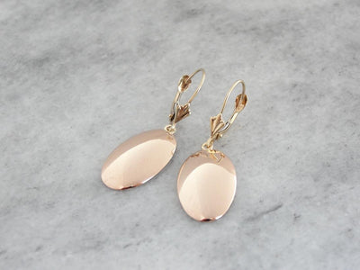 Minimalist Polished Yellow Gold Drop Earrings, Warm Antique Gold Color