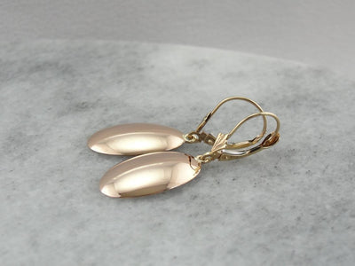 Minimalist Polished Yellow Gold Drop Earrings, Warm Antique Gold Color