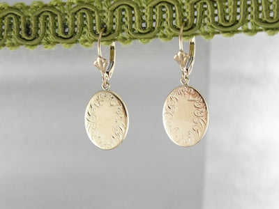 Yellow Gold Drop Earrings with Simple, Engraved Border