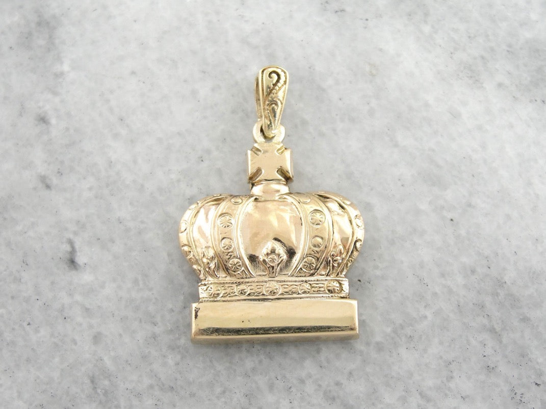 Solid Gold Crown Pendant, Ornate Detailed Crown Pendant