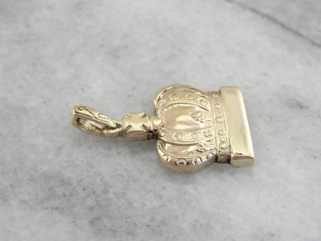 Solid Gold Crown Pendant, Ornate Detailed Crown Pendant