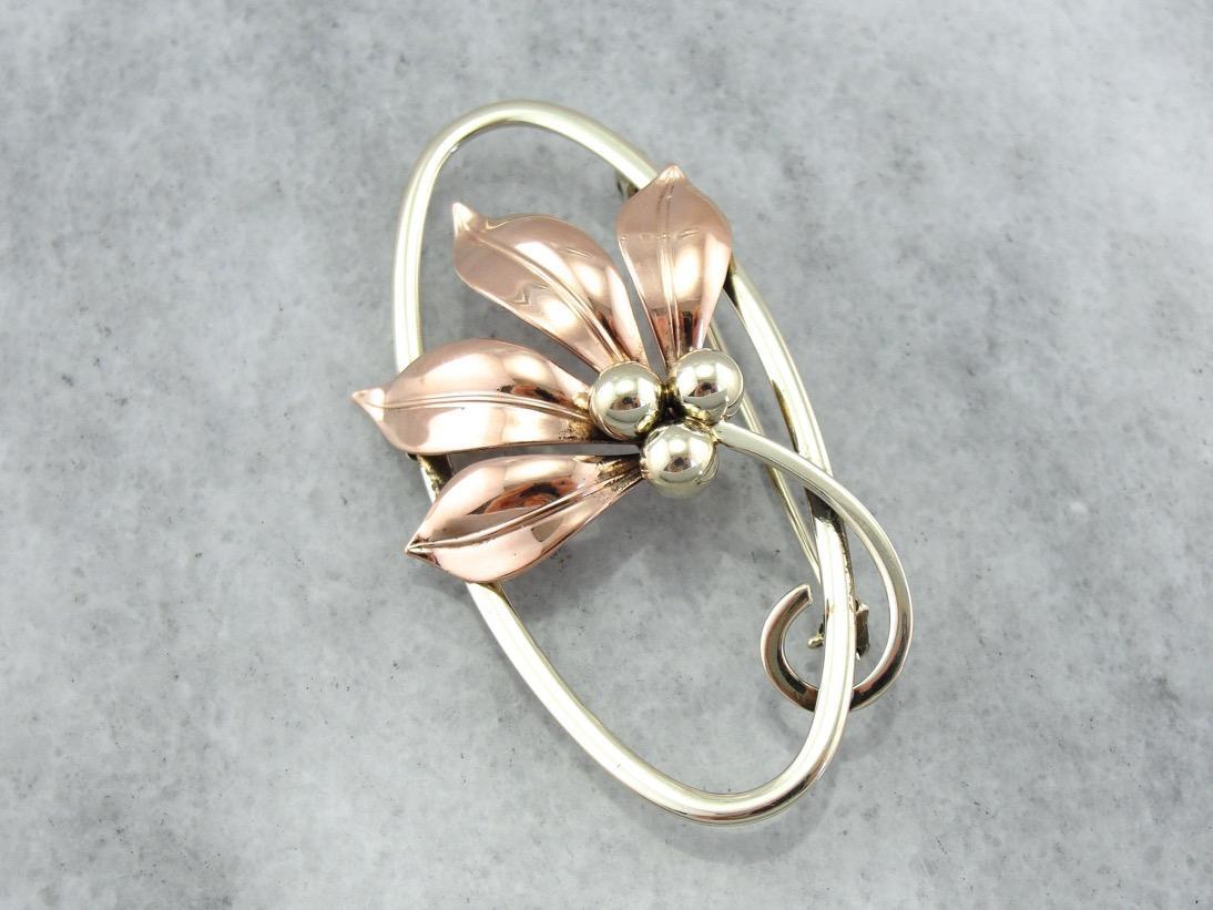 Retro Autumn: Rose and Yellow Gold, Flowing Mixed Metal Vintage Floral Pin