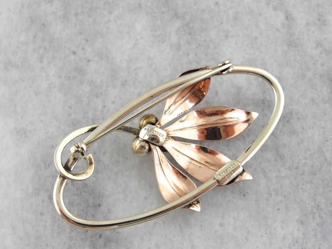 Retro Autumn: Rose and Yellow Gold, Flowing Mixed Metal Vintage Floral Pin