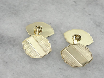 Antique Etched Cufflinks in Yellow Gold, Beautiful Art Deco Menswear with an Architectural Style