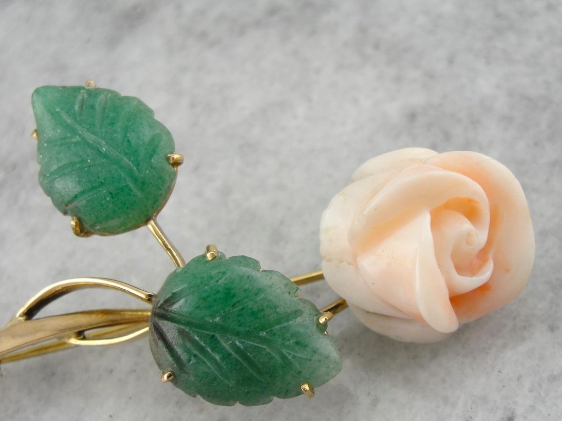 A Rose of Angels Skin: Vintage Coral and Aventurine Brooch in Gold
