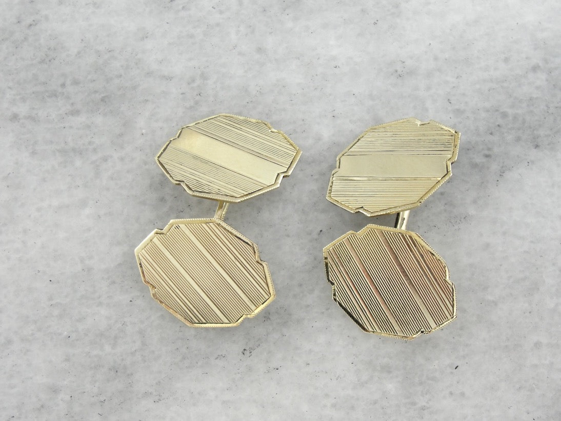 Antique Etched Cufflinks in Yellow Gold, Beautiful Art Deco Menswear with an Architectural Style