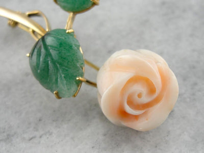 A Rose of Angels Skin: Vintage Coral and Aventurine Brooch in Gold