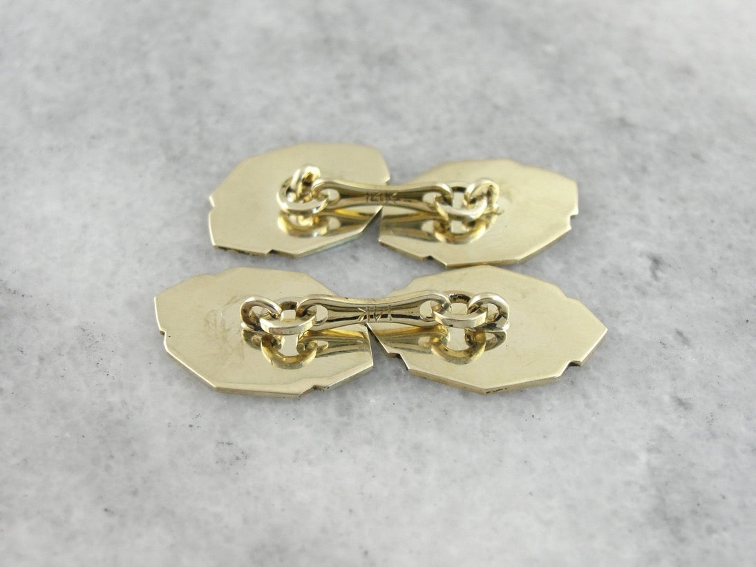Antique Etched Cufflinks in Yellow Gold, Beautiful Art Deco Menswear with an Architectural Style