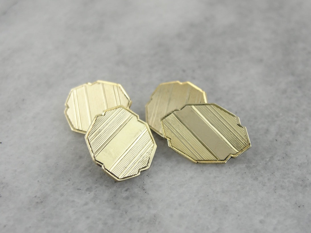 Antique Etched Cufflinks in Yellow Gold, Beautiful Art Deco Menswear with an Architectural Style