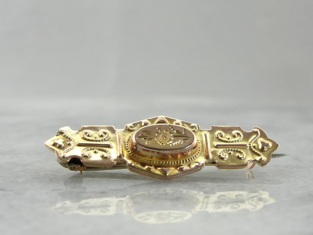 Floral Motif Center Antique Victorian Bar Pin Brooch