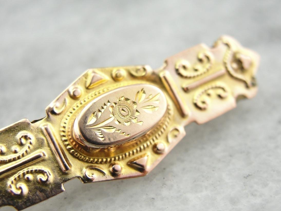 Floral Motif Center Antique Victorian Bar Pin Brooch