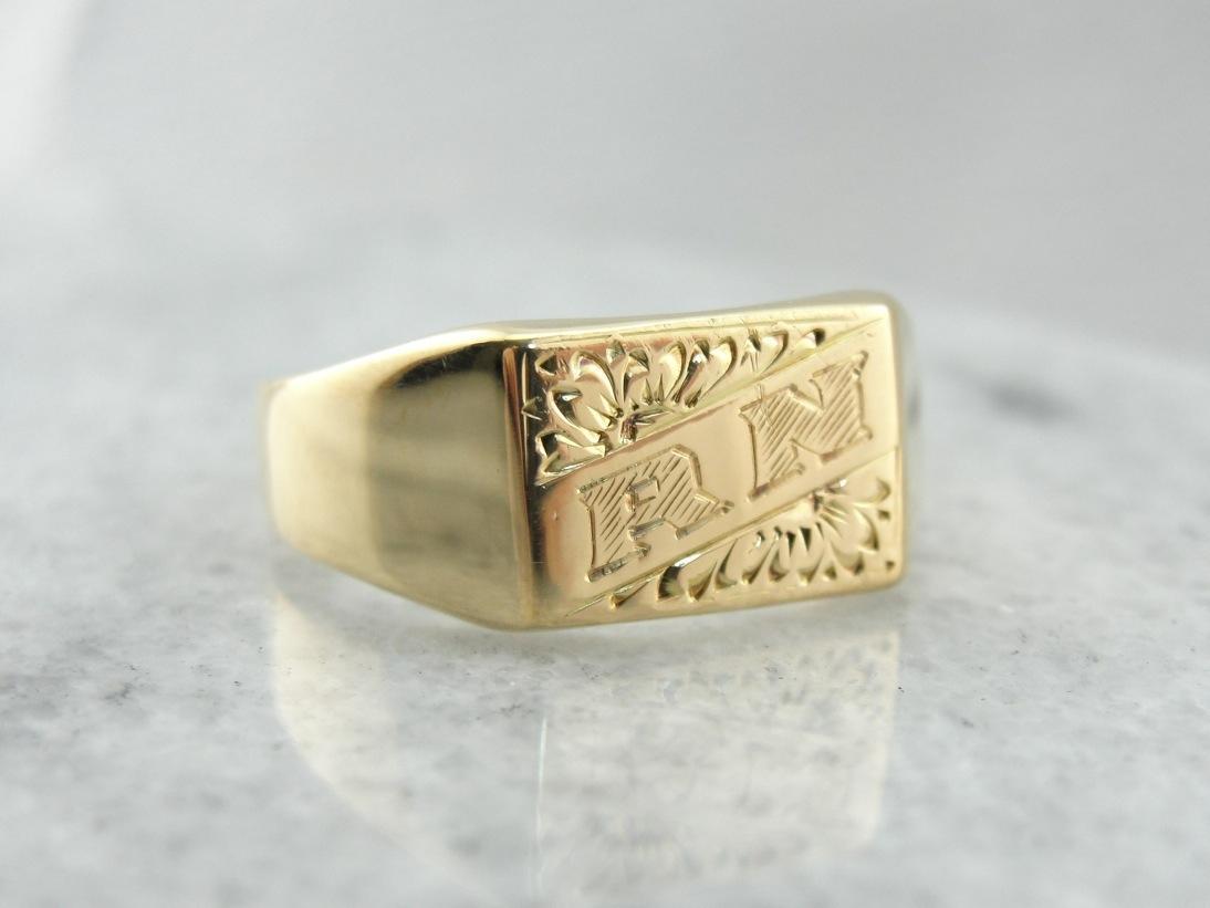 Monogramed "RN" Floral Etched Signet Ring