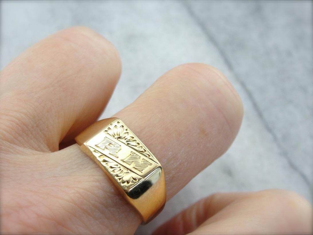 Monogramed "RN" Floral Etched Signet Ring