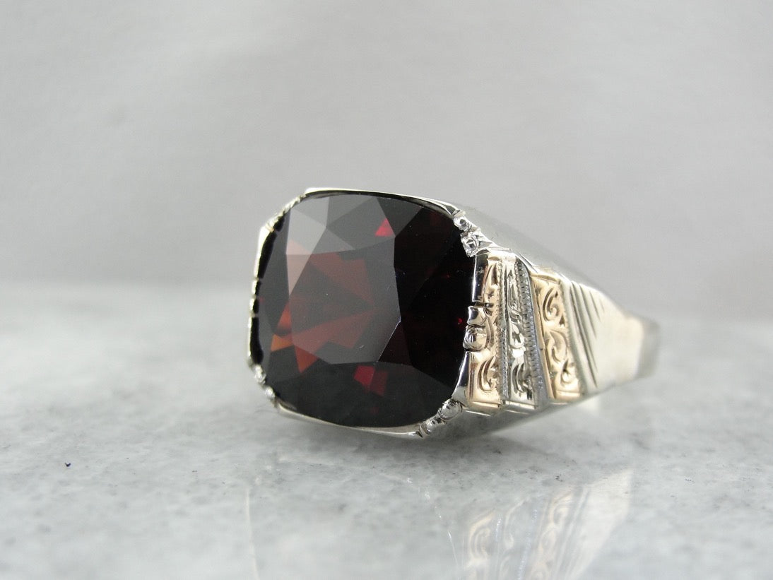 Anillo de declaración de granate de 15 quilates para hombre, anillo antiguo audaz para él o ella