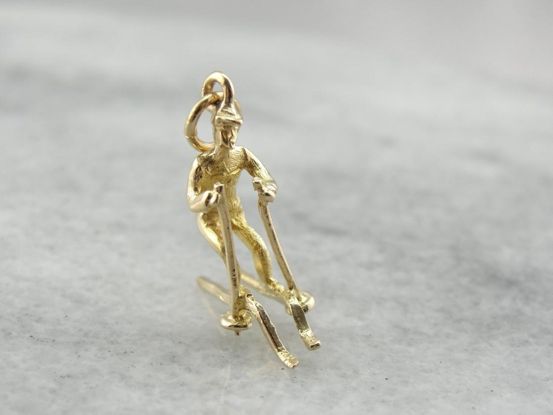 Winter Wonderland, Skier Charm or Pendant in Yellow Gold