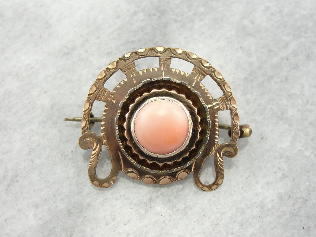 Victorian Revival Gold Fill Coral Brooch
