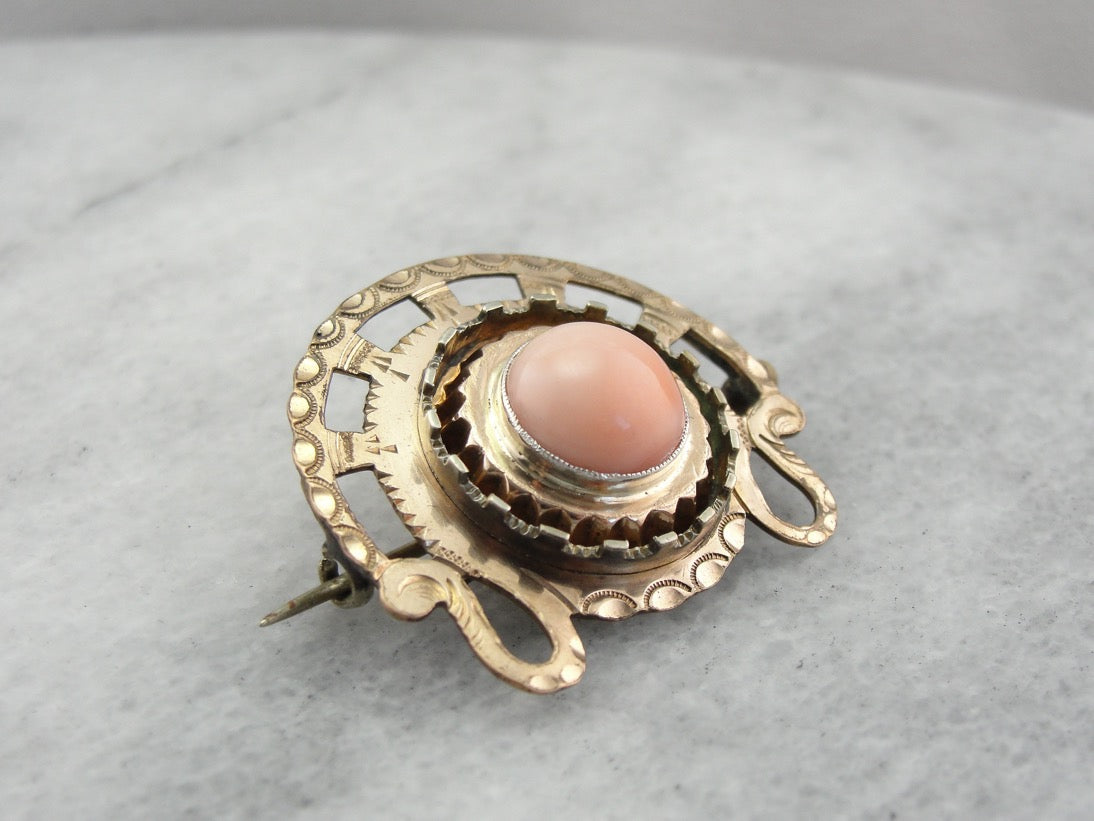 Victorian Revival Gold Fill Coral Brooch