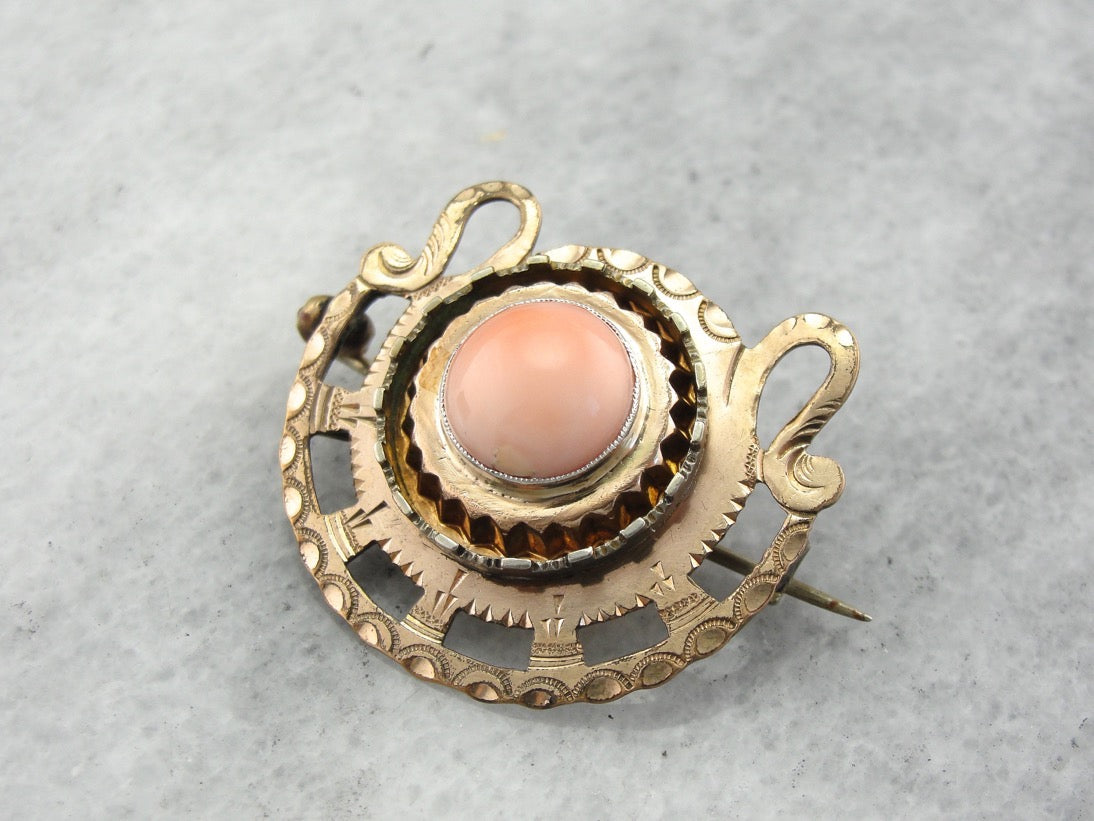 Victorian Revival Gold Fill Coral Brooch
