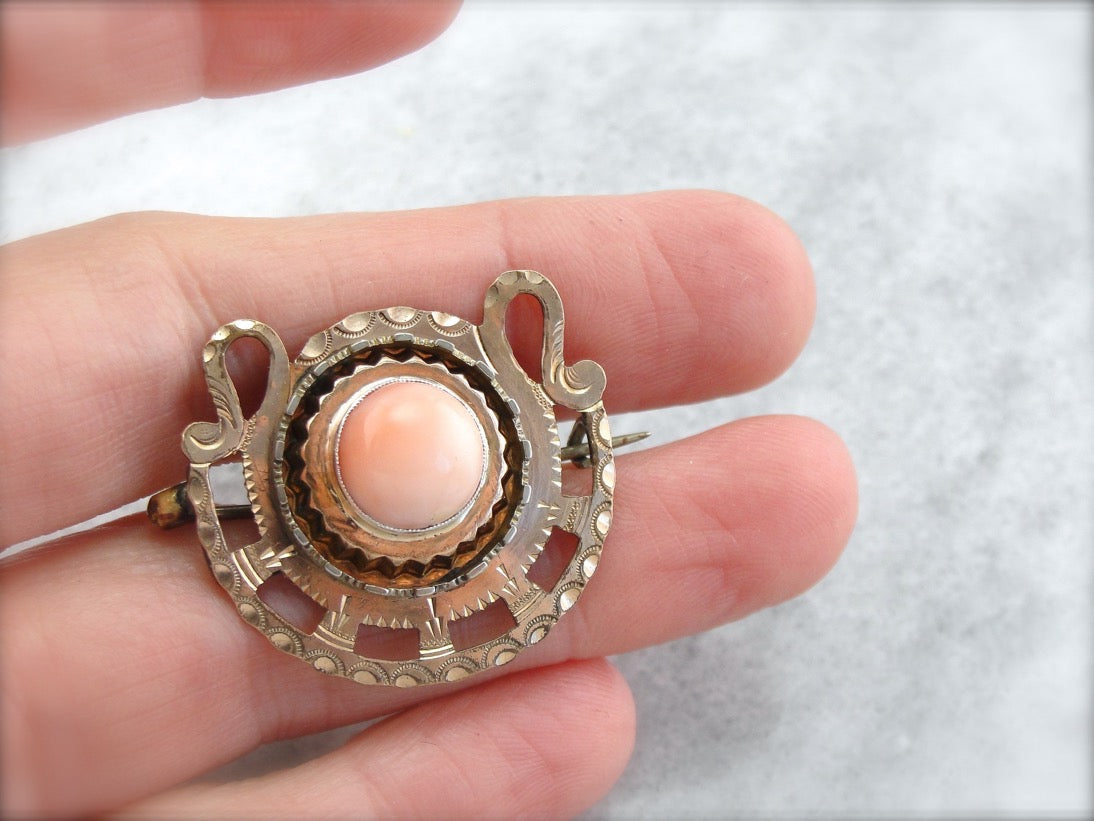 Victorian Revival Gold Fill Coral Brooch