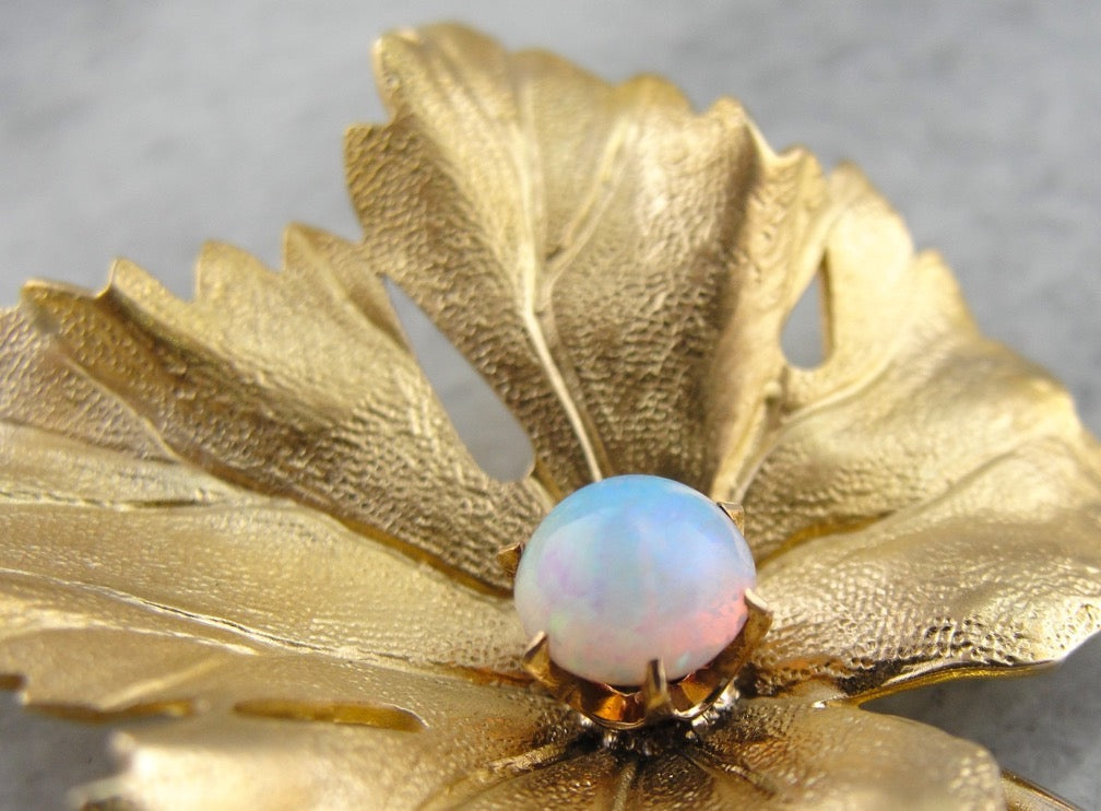 Realistic Maple Leaf Brooch with Opal Set at the Center