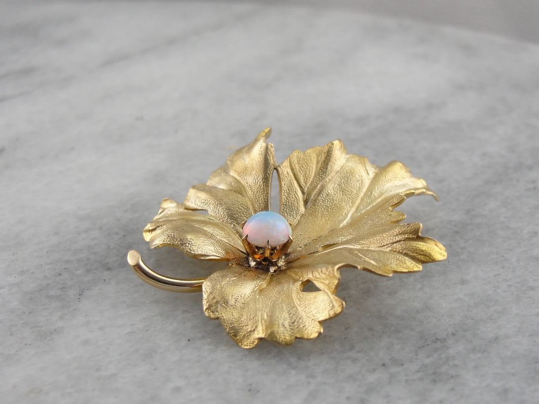 Realistic Maple Leaf Brooch with Opal Set at the Center