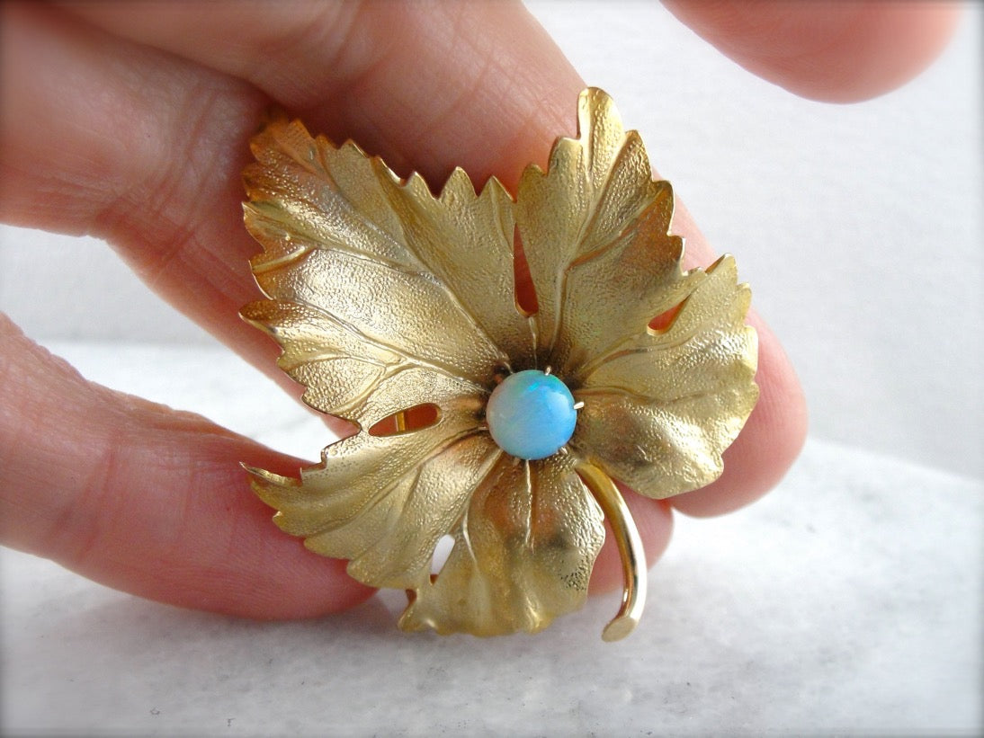 Realistic Maple Leaf Brooch with Opal Set at the Center
